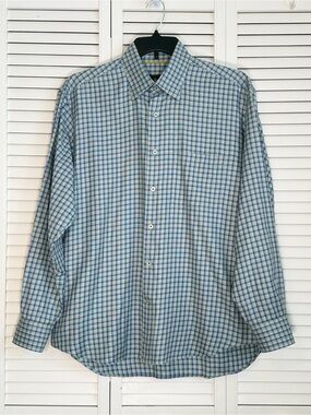 Robert Talbott Plaid Shirt Long Sleeve Button Down Green Blue 100% Cotton Size L